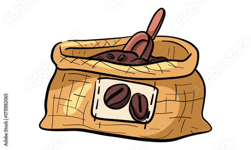 A cloth bag filled with coffee. A colored illustration on white. A woven linen bag with coffee beans. Storage in an open cloth bag. Morning energy drinks to boost your mood. An unfolded bag