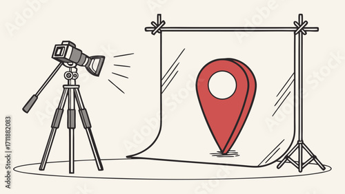Studio Photography of Location Pin Icon Camera on Tripod with Lighting Setup Digital Illustration Graphic Design Element for Website or App.