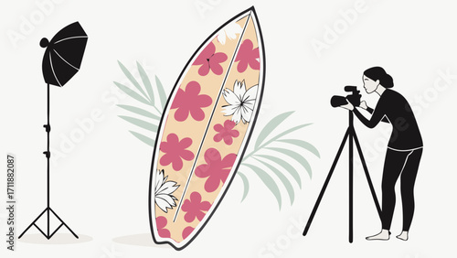 Studio Photography of Floral Surfboard Product Shot Summer Vibe Tropical Design.