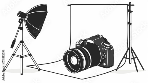 Studio Photography Setup DSLR Camera with Lighting and Backdrop.