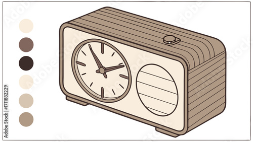 Retro Clock Radio Illustration Vintage Style Alarm Clock Design Timepiece Graphic Isometric View Home Decor Beige and Brown Tones Simple Clock Design Analog Clock Radio Icon Time Managem.