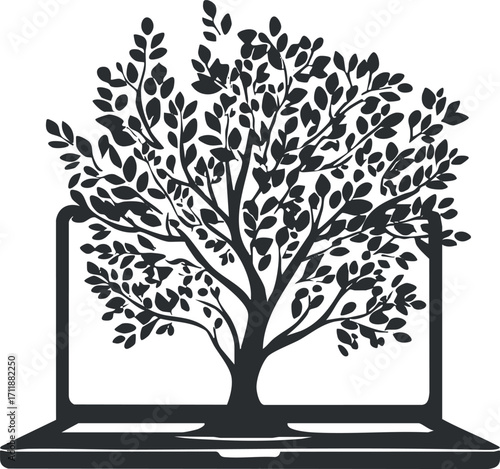 A creative representation of a tree growing from a laptop symbolizing technology and nature.