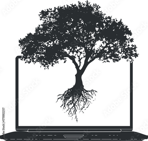 A creative illustration of a tree growing from a laptop symbolizing nature and technology.