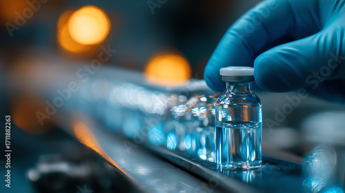 A gloved hand holds a vaccine vial on a production line with multiple vials, highlighting pharmaceutical manufacturing and vaccine distribution processes