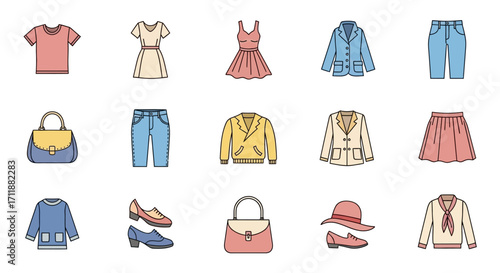 Stylish women's clothing collection featuring dresses, skirts, tops, handbags, shoes, and jackets