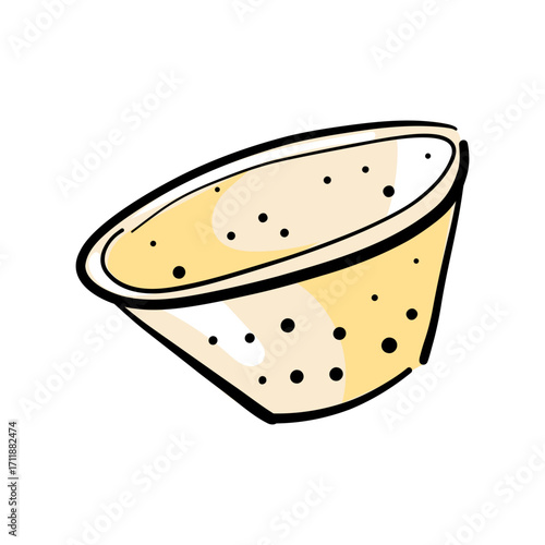 Paper filter for a coffee maker. Colorful illustration on white. Perforated thin cup. Item for making coffee at home, in cafes, cafeterias, or bakeries. Morning energy hot drinks for a boost.