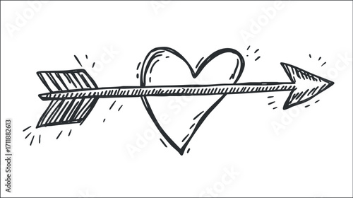 A hand-drawn illustration of an arrow piercing a heart symbolizing love and romance.