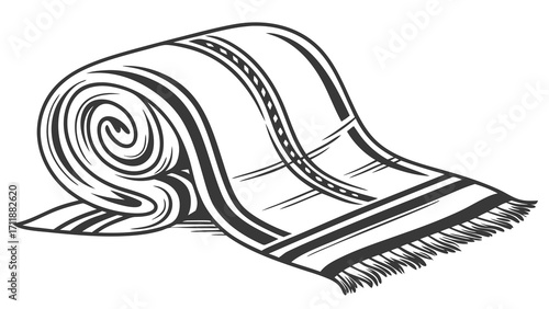 Rolled up patterned textile blanket shawl rug fabric hand-drawn illustration design element woven texture striped pattern home decor textile design vector graphic graphic design vint.