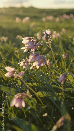 Golden Hour Meadow: Delicate Pink Flowers in a Lush Grassland
