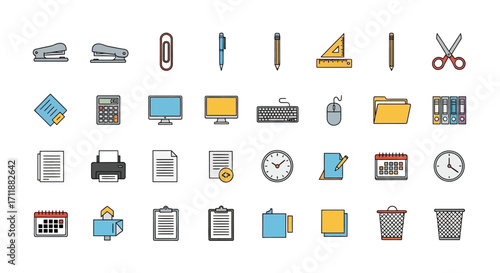Organized office supply icons perfect for modern designs, presentations or website elements with a clean look