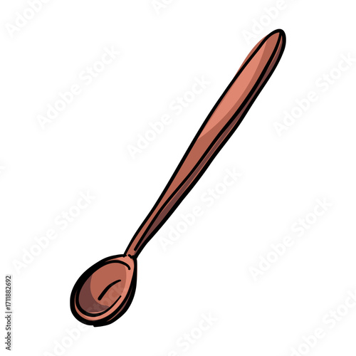 Copper long teaspoon for stirring drinks in long glasses and mugs. Color illustration on white. The metal spoon is thin and long. Stiring drinks, adding sugar, and more