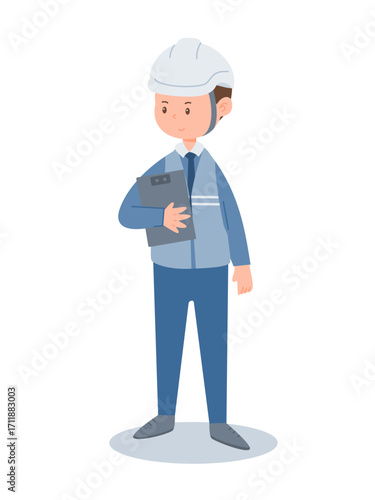 Industrial engineer in helmet holding clipboard for workplace planning and documentation vector illustration isolate on white background.
