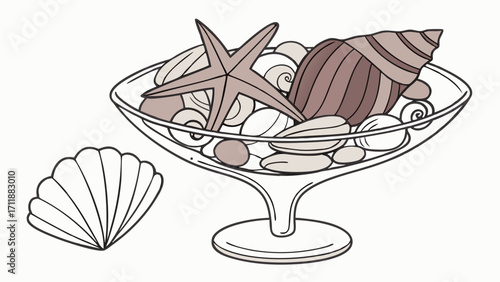 Seashells and starfish in a glass bowl ocean theme illustration beach decor summer design coastal art seascape marine life underwater world sea life illustration shell collection nautic.