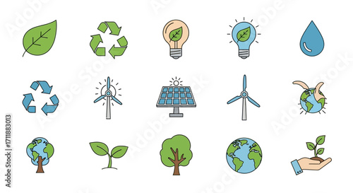 Embrace eco-friendly living with these icons representing environmental sustainability and renewable energy sources