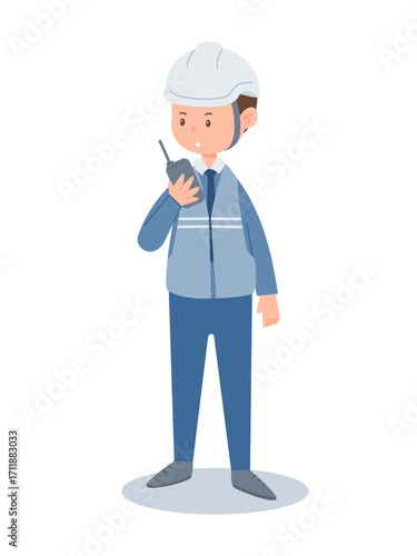 Industrial engineer in helmet using walkie talkie for workplace communication and coordination vector illustration isolate on white background.
