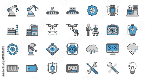 Modern industrial technology icons capture innovation, automation, and smart factory concepts