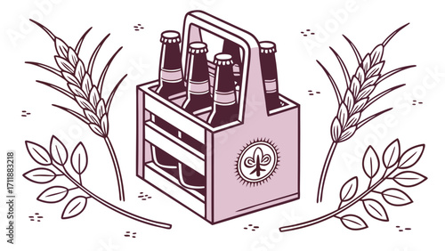 Six-pack of beer bottles in a wooden carrier with wheat illustration.