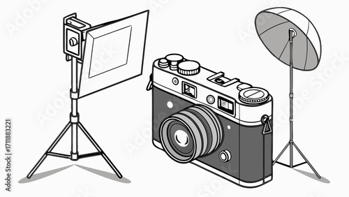 Vintage Camera with Studio Lighting Setup Photography Equipment Illustration Retro Camera Design Photo Studio Illustration.