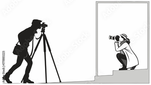 Silhouette of Two Photographers One Using a Tripod the Other Handheld Camera Black and White Illustration.