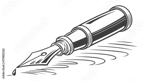 Vintage Fountain Pen Writing Illustration Ink Pen Design Stationery Graphic Calligraphy Element Retro Writing Tool Classic Pen Nib Hand Drawn Pen Black and White Pen Image Writing Supplie.