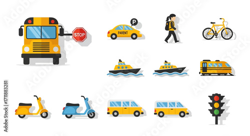 Diverse transportation icons including school bus, car, cyclist, boat, train, scooter, van, and traffic light for travel concepts.