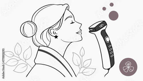 Skincare Device Woman Relaxing Beauty Treatment Spa Illustration Line Art Wellness Facial Device Aesthetic Procedure Modern Design Minimalist Style Vector Graphic Health and Beauty Se.