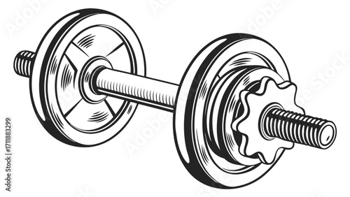 Vintage Dumbbell Illustration Fitness Equipment Gym Graphic Weightlifting Design Exercise Icon Strength Training Workout Symbol Bodybuilding Image Black and White Hand Drawn Retro Style.