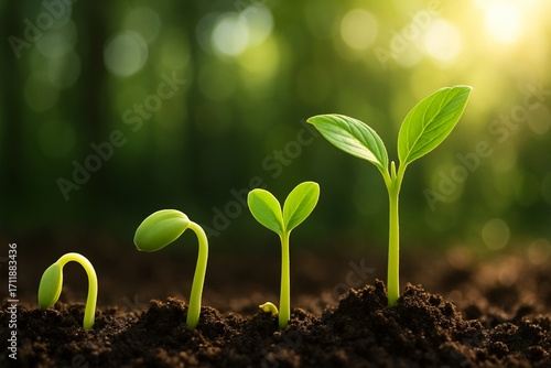 Seedling Growth Stages in Rich Soil — Fresh Green Sprouts with Sunlit Bokeh.