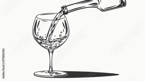 Wine pouring into glass beverage drink alcohol bar restaurant celebration sketch illustration graphic design vector art hand-drawn black and white monochrome elegant sophisticate.