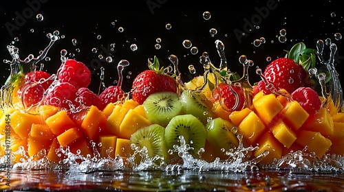 Vibrant burst of fresh berries mango kiwi with dynamic water splashes and bubbles