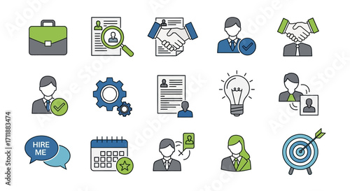 Professional icons for hiring, recruitment, and career development strategies in business