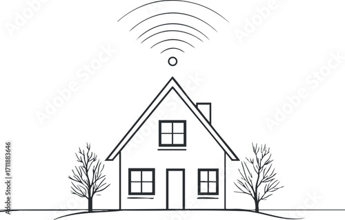 A minimalist illustration of a house with wireless signal waves and trees around it.