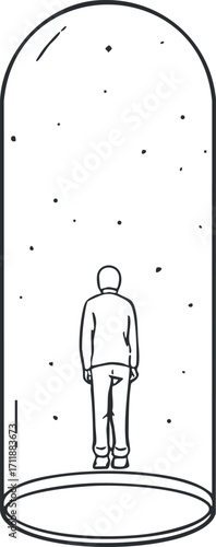 A figure stands in an isolated bubble surrounded by a starry space representing confinement and contemplation.