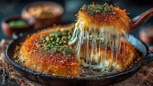 Israeli Knafeh is a sizzling dessert of golden crispy kataifi pastry with melted cheese, drizzled syrup, topped with pistachios