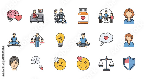 Mental health icons depicting therapy, support, well-being, and balance for professional use