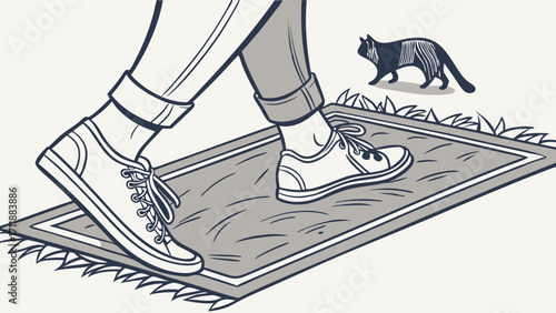 Stepping onto a rug cat watching from the grass casual illustration.