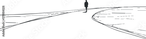 A lone figure walking along a winding pathway in a serene landscape.