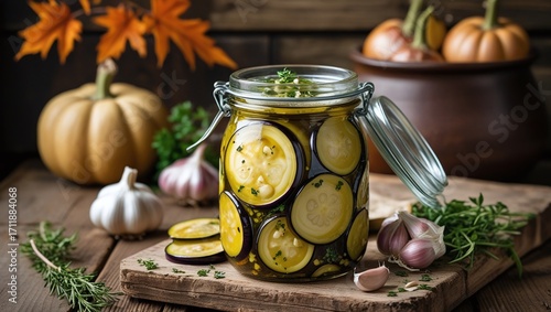Pickled Eggplant Slices Preserved in Glass Canning Jar Displayed with Garlic and Pumpkins
