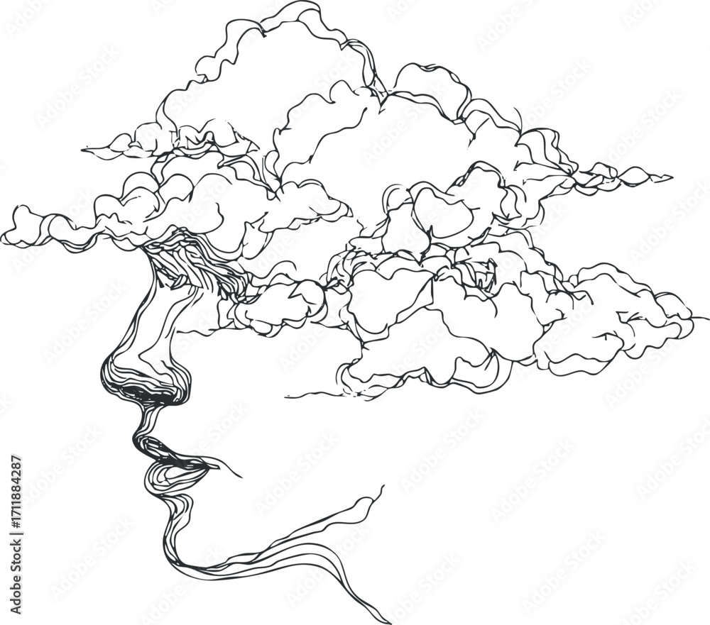 Obraz premium An abstract line art illustration of a face merging with clouds, symbolizing thoughts and dreams.