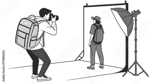 Studio Photography Session Photographer with Camera Taking Pictures of Person with Backpack Backlit Portrait Shoot Photo Studio Setup Illustration Graphic Design.