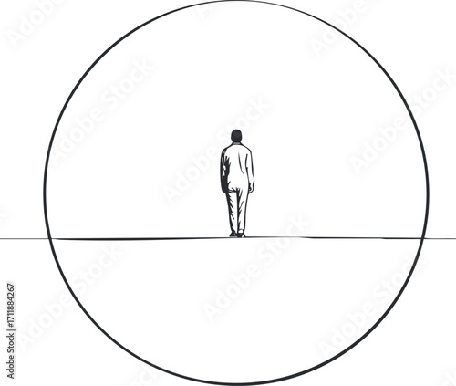 A minimalist illustration of a solitary man standing within a large circle on a horizon.