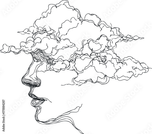 An abstract line art illustration of a face merging with clouds, symbolizing thoughts and dreams.