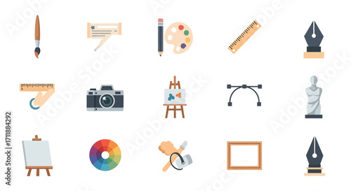 Creative tools and art supplies icons for design, illustration, and artistic projects