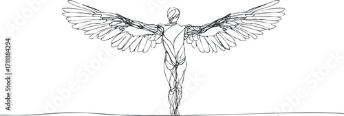 Stylized line art of a human figure with wings representing freedom and spirituality.