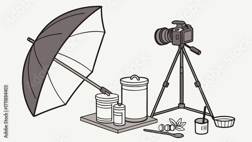 Studio Photography Setup with Camera on Tripod and Umbrella Reflector.