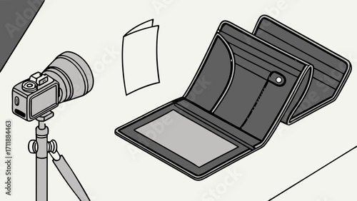 Studio photography setup with camera wallet and product mockup.