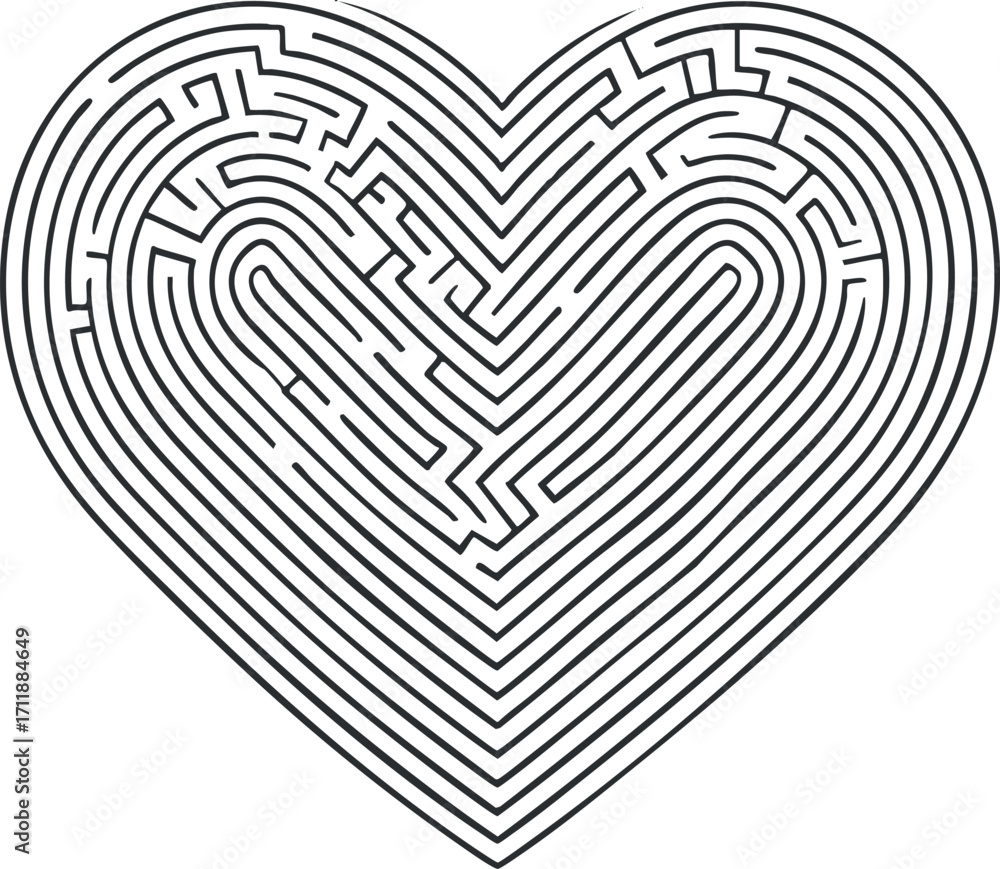 Obraz premium An intricate heart-shaped maze design featuring detailed lines and pathways for artistic and decorative use.