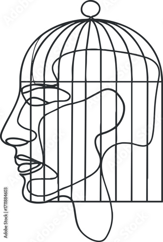 An abstract wireframe design depicting a head within a cage symbolizing confinement and freedom.