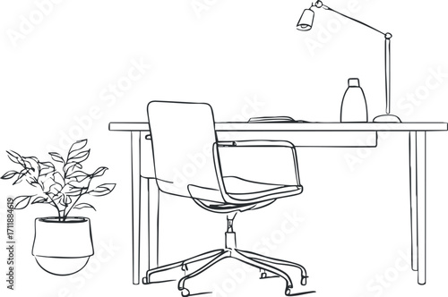 Minimalist line art illustration of a workspace featuring a desk, chair, lamp, and plant.