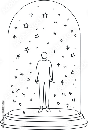 A minimalist illustration of a figure in a dome surrounded by stars and abstract elements.
